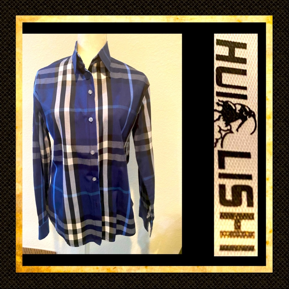“HUI LISHI” Blue Plaid Button-Up Collared Long-Sleeve Dress Shirt